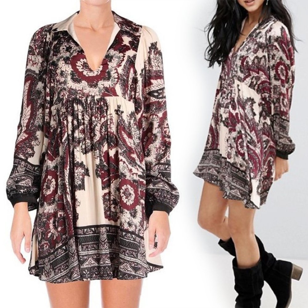 Free People Boho Paisley Babydoll Shirt Dress Sz S